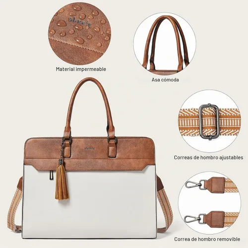 Vista 8 de Shrrie Bolsa de mano para laptop de 15.6 pulgadas con bolso de mano para Beige con marrón.