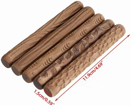 Vista 2 de OwnMy Juego de 5 rodillos de modelado de arcilla, hojas de pescado, patrón de grano de madera ondulada, 4.7 pulgadas, rodillo de arcilla