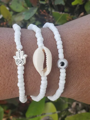 Vista 2 de 3 pcs Ilde Cowrie seashell Evil Eye Hamsa Hand Orisha Santeria Pulseras Bracelet Set
