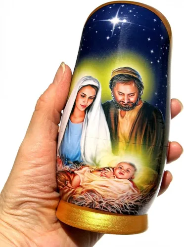 Vista 2 de Muñecas de madera coleccionables de larga duración hechas a mano, de madera, de 5 piezas, con escenas originales de Navidad en cada muñeca