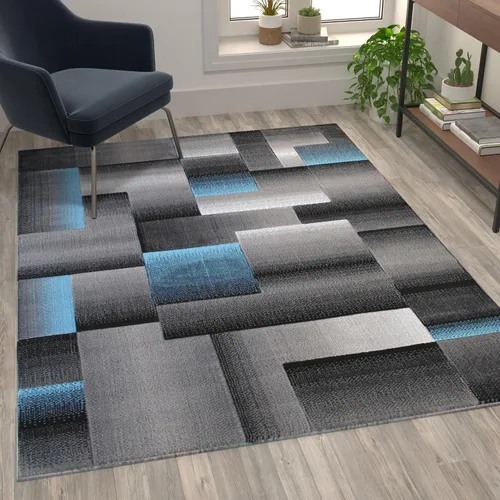 Vista 10 de Flash Furniture Elio Collection - Alfombra de área con patrón de bloques de color, alfombra de olefina azul de pelo alto, alfombra de área de 2 x 3