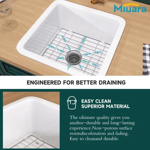 Vista 8 de Miuara Fregadero de barra de montaje inferior blanco de 18 pulgadas - Fregadero de cocina pequeño de montaje superior empotrable de 18"x18"x9