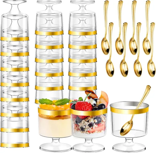 Vista 11 de DI QIU REN 120 Piezas Vasos de Postre de 5oz con Cuchara Dorada, Vaso de Plástico Transparente para Postre Parfait Aperitivo Pudín, Copas Redondas
