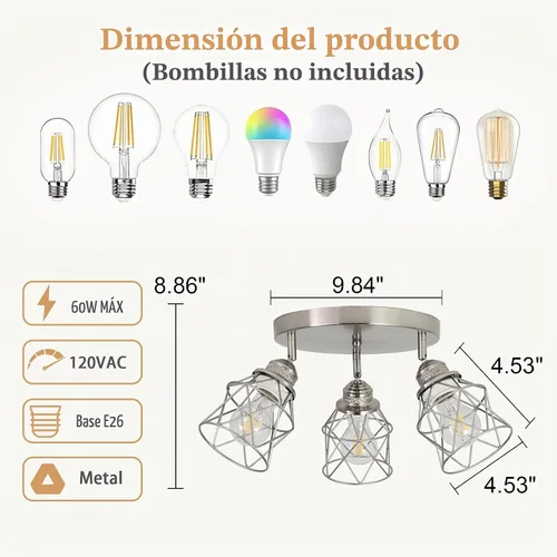 Vista 6 de Accesorios de iluminación de cocina - Lámpara de techo de 3 luces multidireccional con base E26, montaje empotrado ajustable para cocina de granja