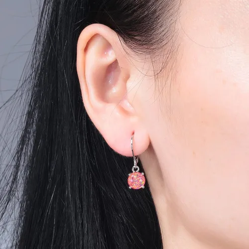 Vista 2 de CiNily - Aretes colgantes de ópalo, corte redondo, ópalo de fuego color azul, blanco, rosa, verde, negro, bañado en rodio, joyería con cierre catalán
