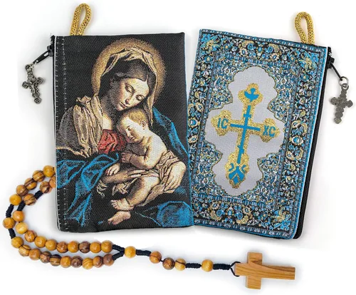 Vista 24 de Bolsa de rosario con cuerda católica de madera de olivo, rosario de Israel, Jesús Rey del Universo y creo en Dios, tela tejida, estilo tapiz, bolsa
