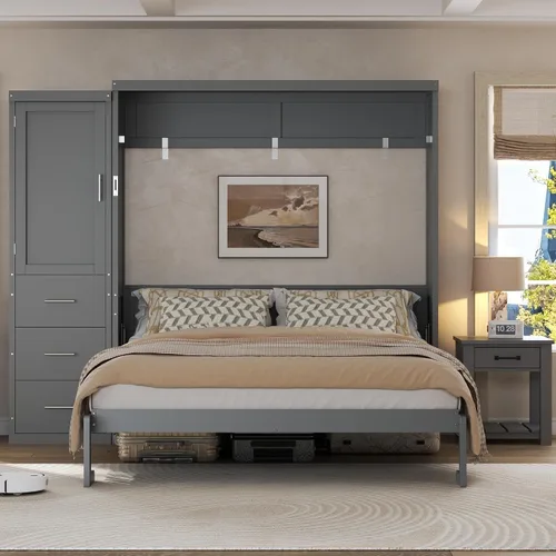 Vista 14 de Cama Murphy de tamaño matrimonial con armario de almacenamiento, ropa y 3 Blanco