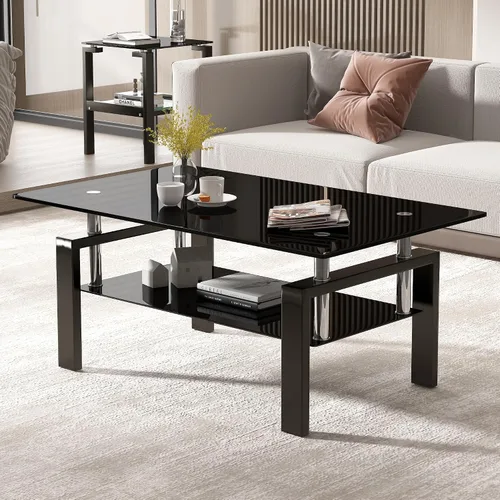 Vista 6 de Mesa de centro rectangular de vidrio para sala de estar, con mesa de vidrio templado y capa de MDF, para sala de estar y oficina