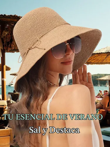 Vista 5 de Sombrero de paja para mujer, ala ancha, plegable, protección UV, gorra de verano para playa, UPF 50+ Caqui