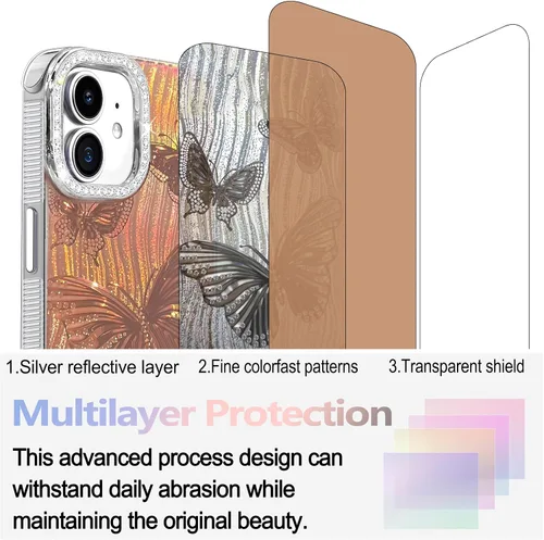 Vista 3 de I-MGAE-IN-AR Funda compacta para iPhone 11, diseño de mariposa, marco de protección de lente de cámara con diamante 3D, bonitas fundas protectoras