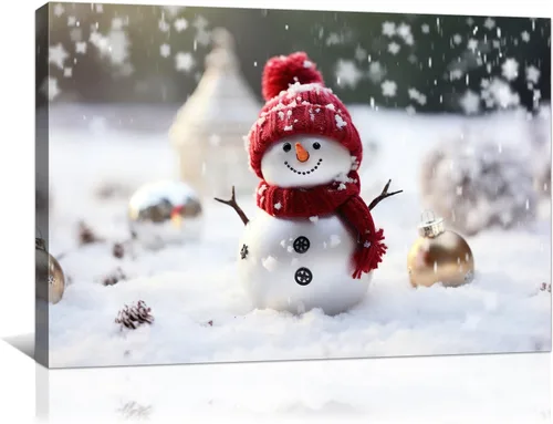 Vista 15 de gaosoul Lienzo de muñeco de nieve navideño para pared, lindo muñeco de nieve en pintura de paisaje nevado, póster navideño para sala de estar