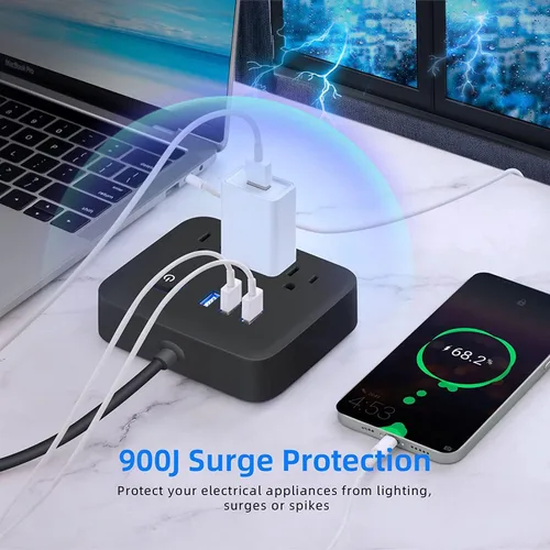 Vista 7 de Regleta de alimentación con protección contra sobretensiones, puertos USB, estación de carga de escritorio, enchufe plano, montaje en pared, cable
