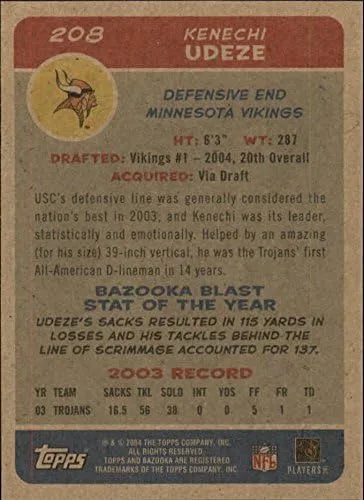 Vista 2 de 2004 Bazooka Minis #208 Kenechi Udeze NFL Football Trading Card