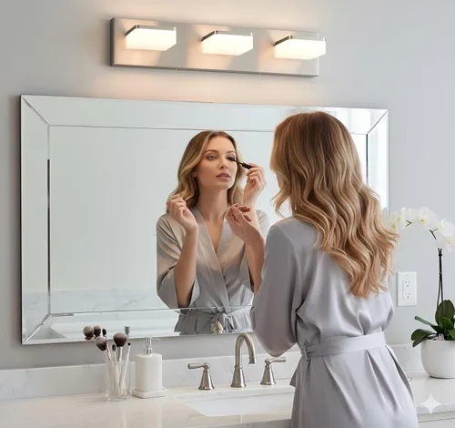 Vista 7 de Luces de Tocador de Níquel Cepillado para Baño - Lámpara de Tocador de 3 Luces - Apliques de Pared LED Regulables - Luz Diurna 5500K - Elegantes