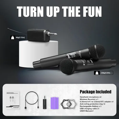 Vista 7 de Micrófono inalámbrico - Micrófono de karaoke para cantar - Micrófonos de mano dinámicos dobles recargables con receptor - Micrófono inalámbrico