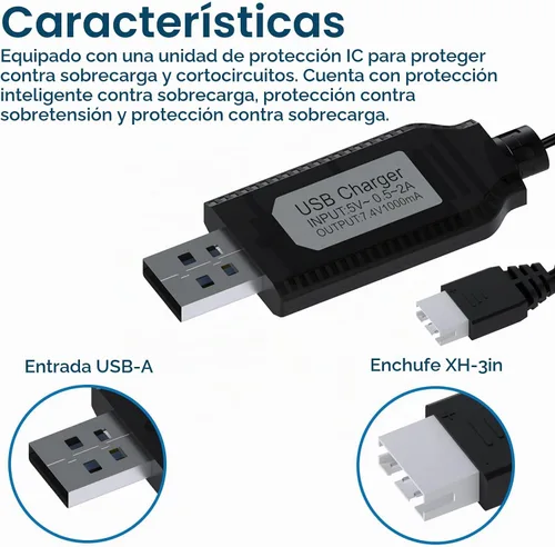 Vista 2 de MMOBIEL - Paquete de 2 cables de carga USB para baterías LiPo y Li-ion de 7.4 V - Conector USB a XH-3P, adaptador de carga 1A 2S para drones RC
