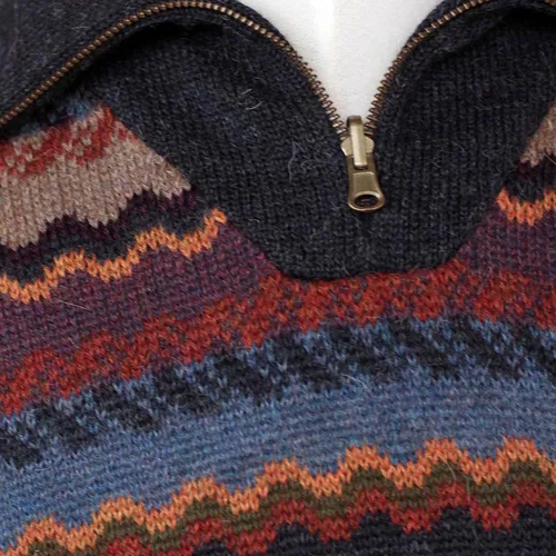 Vista 3 de NOVICA Suéter de alpaca 100% a rayas azules y granate, Mountain Life