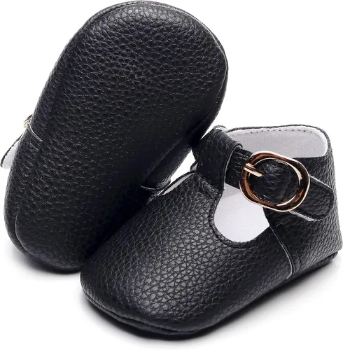 Vista 2 de HONGTEYA Mary Janes - Zapatos planos de piel sintética antideslizante con suela suave para bebés recién nacidos, zapatos de cuna para boda, fiesta