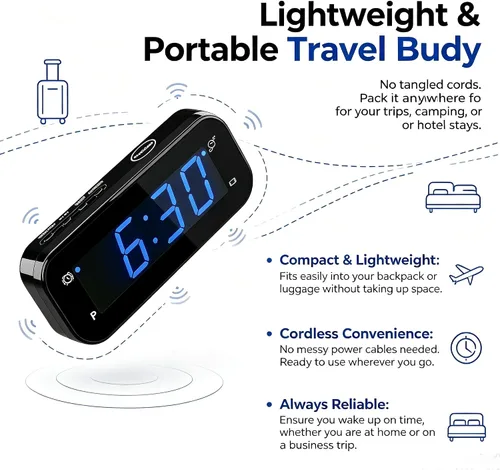 Vista 4 de Small Digital Alarm Clock with Temperature Display - Battery Operated,Adjustable Brightness,Snooze,12/24Hr,Cordless,Night Mode - Ideal Beside Clock