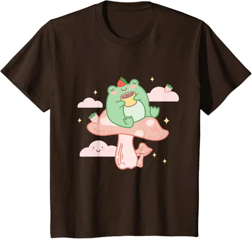 Vista 44 de Kawaii Strawberry Frog On Mushroom - Camiseta de manga corta de anime, Azul / Patchwork, S Azul Pastel
