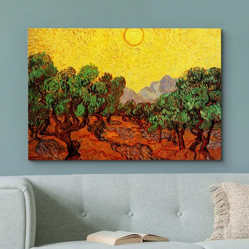 Vista 2 de Van Gogh - Lienzo con diseño giclée de olivos con cielo amarillo y sol, arte de pared de galería, estirado y enmarcado, listo para colgar, 24 x 36