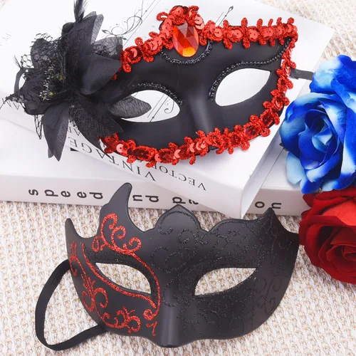 Vista 4 de SIQUK Juego de máscaras para parejas, máscara veneciana, máscara de plástico para disfraz de Halloween, máscara de Mardi Gras para mujeres y hombres
