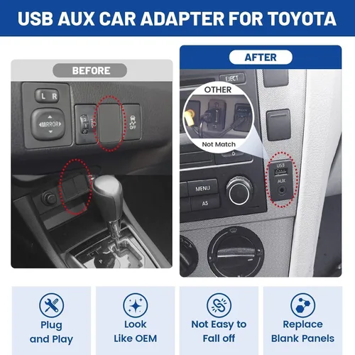 Vista 4 de Anina USB AUX Montaje empotrado para Toyota, cable de extensión AUX de 0.138 in para salpicadero de automóvil macho a hembra, adaptador de enchufe