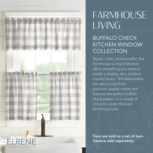 Vista 2 de Elrene Home Fashions Farmhouse Living Buffalo-Check Juego de cortinas de dos niveles para baño o cocina, 30" x 24" (Juego de 2 niveles), Gris/Blanco