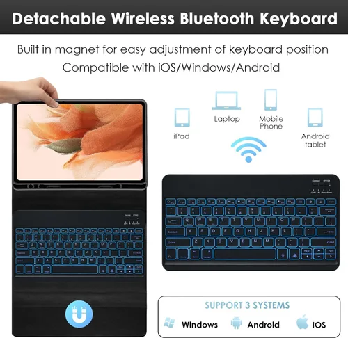 Vista 3 de LAMA Funda con teclado retroiluminado para Samsung Galaxy 12.4 pulgadas S10 Plus/S9 FE+/S9+/S8+, 12.4 pulgadas, S7 FE/S7 Plus, funda desmontable