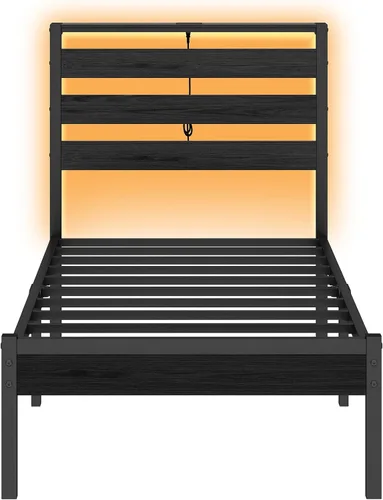Vista 8 de CLIBFENG Base de cama tamaño individual con estación de carga USB, marco de cama LED con cabecera de almacenamiento de madera, cama de plataforma