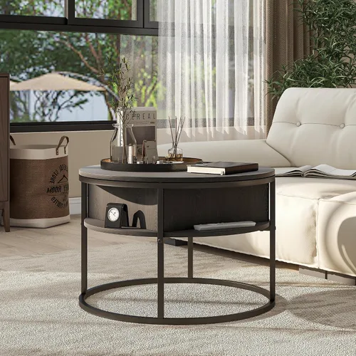 Vista 7 de HOJINLINERO Mesa de centro redonda elevable, con compartimento oculto de almacenamiento, decoración de mesa de centro de madera de granja