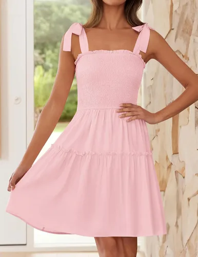 Vista 2 de ZESICA Vestido corto de verano para mujer, con tirantes delgados, sin mangas, cuello cuadrado, volantes, acampanado, con vuelo