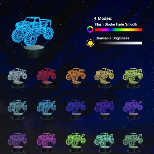 Vista 2 de Luces nocturnas 3D para niños, lámpara nocturna para niños, camiones monstruo para niños, 16 colores LED que cambian de iluminación, iluminación