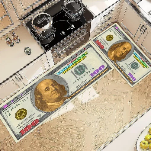 Vista 5 de GUBIYU Juego de 2 alfombras y tapetes de cocina color beige y dorado para billetes de 100 dólares, alfombra divertida y fresca para baño