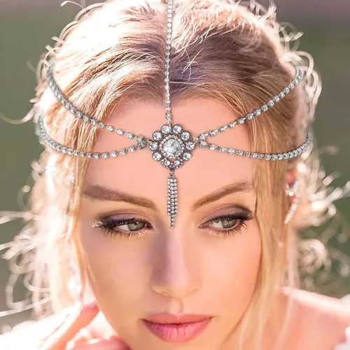 Vista 5 de Cadena de cabeza nupcial con diamantes de imitación, cadena de pelo con borlas, cadenas de cabeza plateadas para mujer
