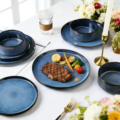 Vista 8 de Stoneware Dinnerware Sets for 4, 12Pcs Plates and Bowls Set, Midnight Blue