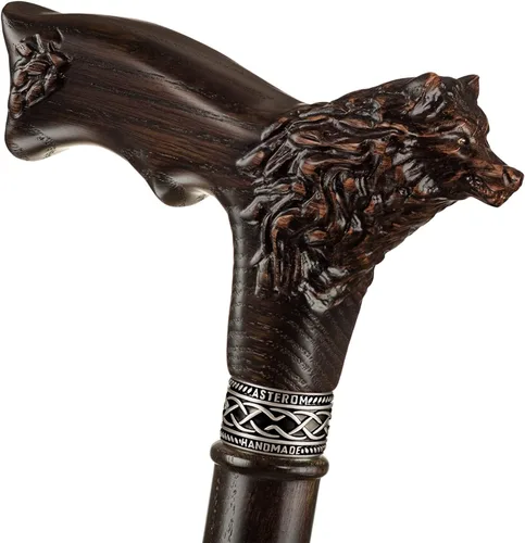 Vista 6 de Bastón de caminar tallado personalizado para hombres - Wolf Fenrir - Bastón de madera de lujo para hombre único