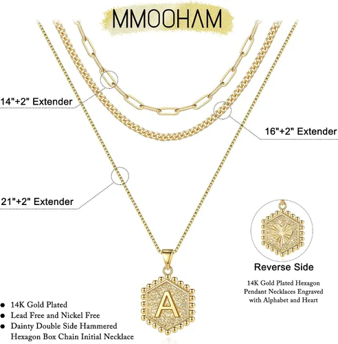 Vista 5 de Collares con iniciales M MOOHAM en capas, para mujer, chapados en oro de 14 quilates, con cadena de eslabones
