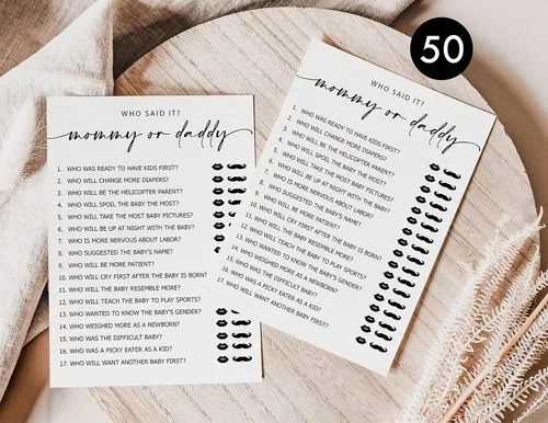 Vista 3 de All Ewired Up 50 Mommy or Daddy? Who Said It Game (50 tarjetas), divertido juego de baby shower, género neutro niño o niña minimalista