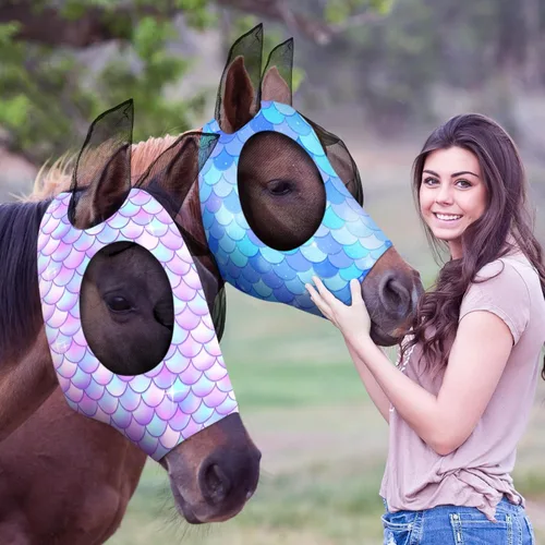 Vista 13 de Weewooday 2 máscaras de mosca de caballo para caballos, máscaras suaves para orejas, máscara suave y elástica con protección UV