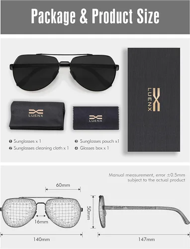 Vista 6 de Lentes para aviador Luenx polarizados, para hombres y mujeres, con armazón de metal grande, protección UV 400