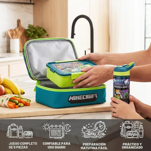 Vista 2 de Get Trend Minecraft - Lonchera infantil de 3 piezas con bolsa de almuerzo aislada, caja Bento con dos mini ollas y botella de agua de 20 onzas Multi