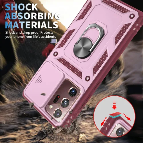 Vista 6 de PASNEW Funda rosa para Samsung Note 20 Ultra, funda para lente de cámara y soporte, funda rígida militar resistente a prueba de golpes para Galaxy