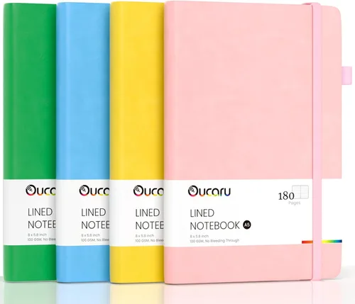 Vista 15 de Oucaru Cuaderno rayado, paquete de 4, 180 páginas, diarios A5 para escribir, papel grueso de 100 GSM, cuadernos pequeños diarios para mujeres