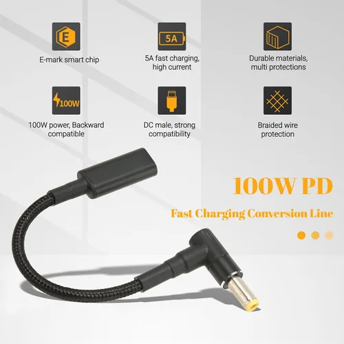 Vista 3 de Yunseity Tipo C USB C hembra entrada a DC Power PD Cable, 0.217x0.098 in PD 100W 20V/5A chip USB C hembra a macho adaptador de carga 90 grados