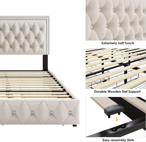 Vista 8 de Keyluv - Base de cama tapizada completa con LED, con 4 cajones, cama de plataforma de terciopelo con cabecera ajustable tapizada con botones