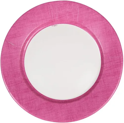 Vista 2 de Caspari Platos llanos de papel con borde de lino en fucsia, paquete de 8