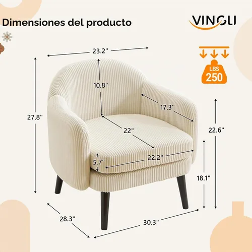 Vista 2 de VINGLI Sillón de Acento Moderno Tipo Barril de 30.3" de Ancho con Reposabrazos Track, Patas de Madera Sólida, Cómoda Silla Club Tapizada, Sofá