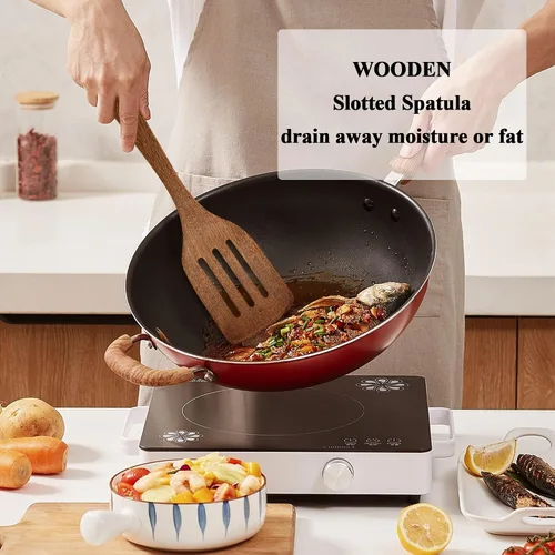 Vista 6 de Paquete de 4 espátulas de madera para cocinar, espátulas antiadherentes de madera de acacia para uso en cocina, juego de espátulas de cocina