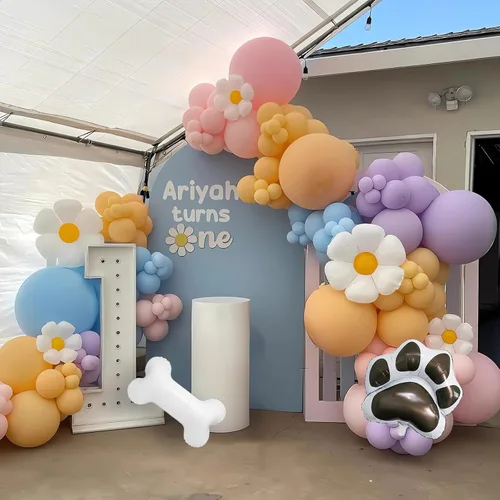 Vista 4 de Kit de arco de globos azules 140 piezas azul pastel rosa morado rubor globos con margarita hueso pata de perro globos de papel de aluminio